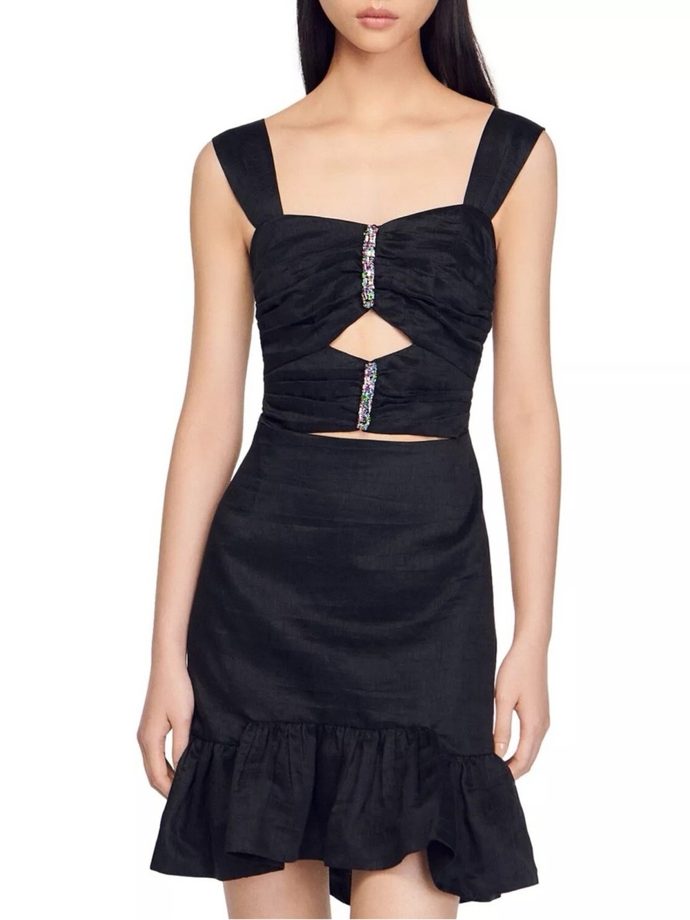 Sandro Black Linen Cutout Mini Dress with Embellished Trim